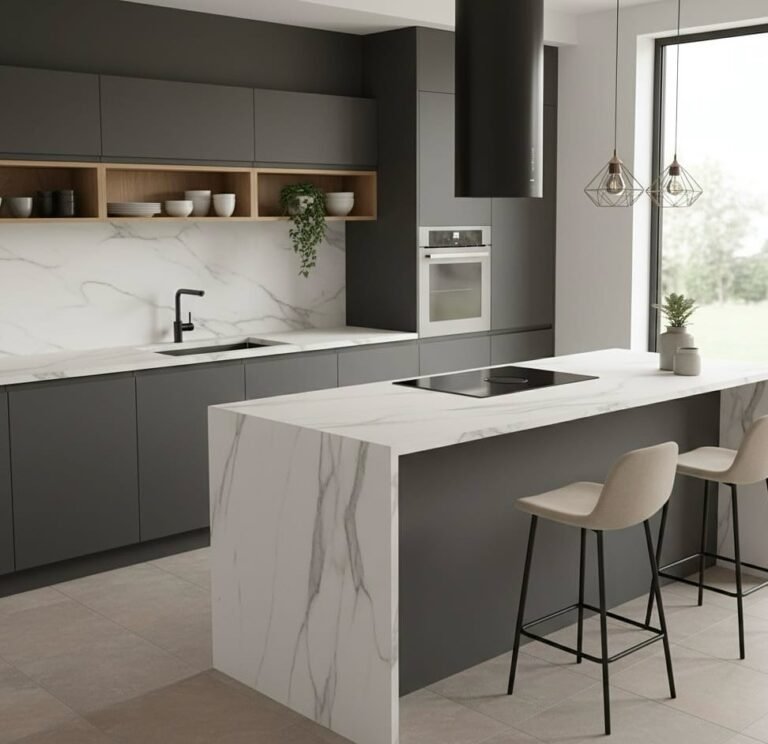 Cocina en gris supermate antihuellas con isla y Laminam Statuario